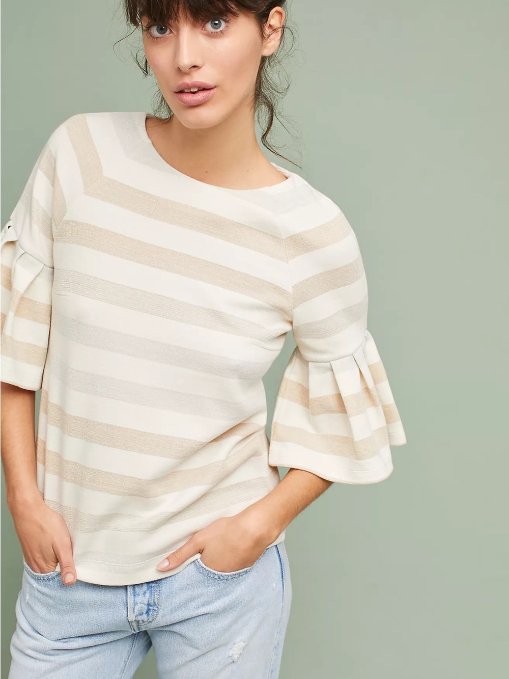Maeve | Anthropologie | Metallic Striped Ruffle Sleeve Knit Top | Sz M